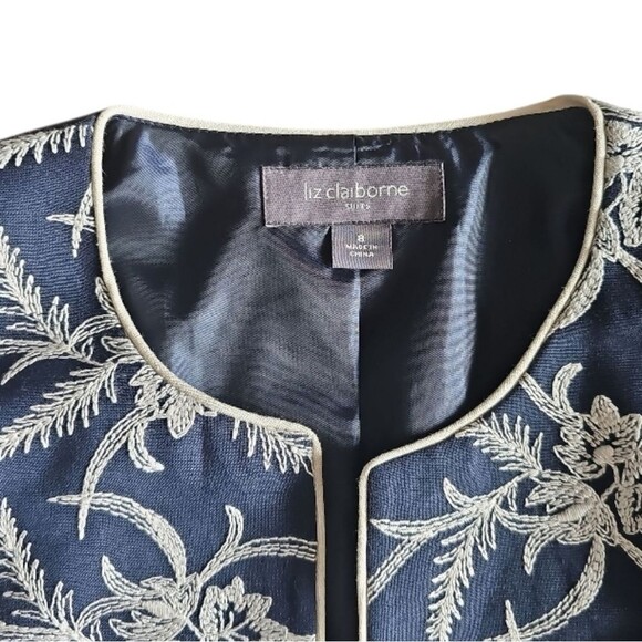Liz Claiborne Linen Blend Jacket Sz 8 Navy Embroidered Floral Lightweight - Picture 5 of 14